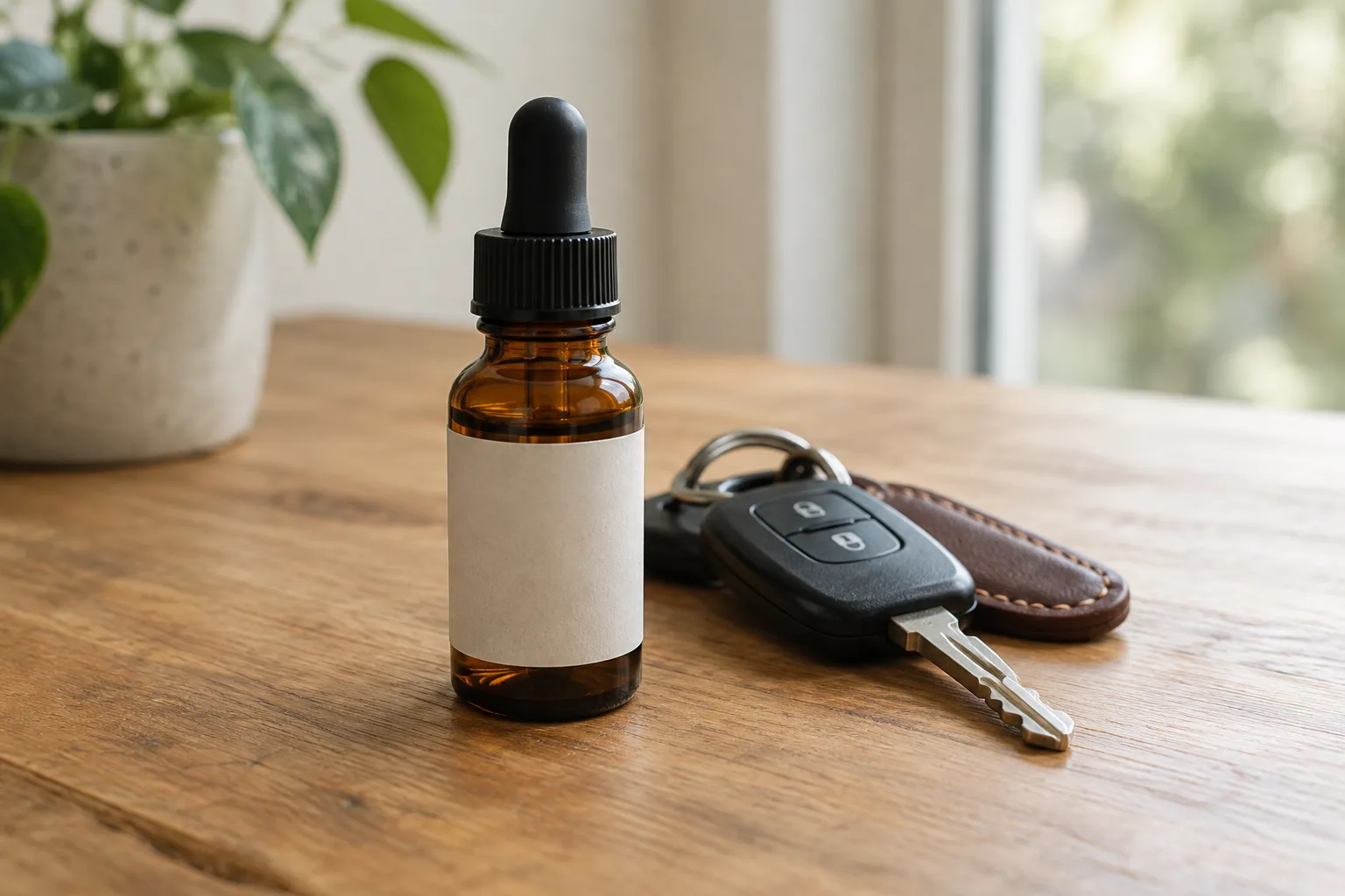 Flacon de CBD non étiqueté posé près de clés de voiture sur une table.