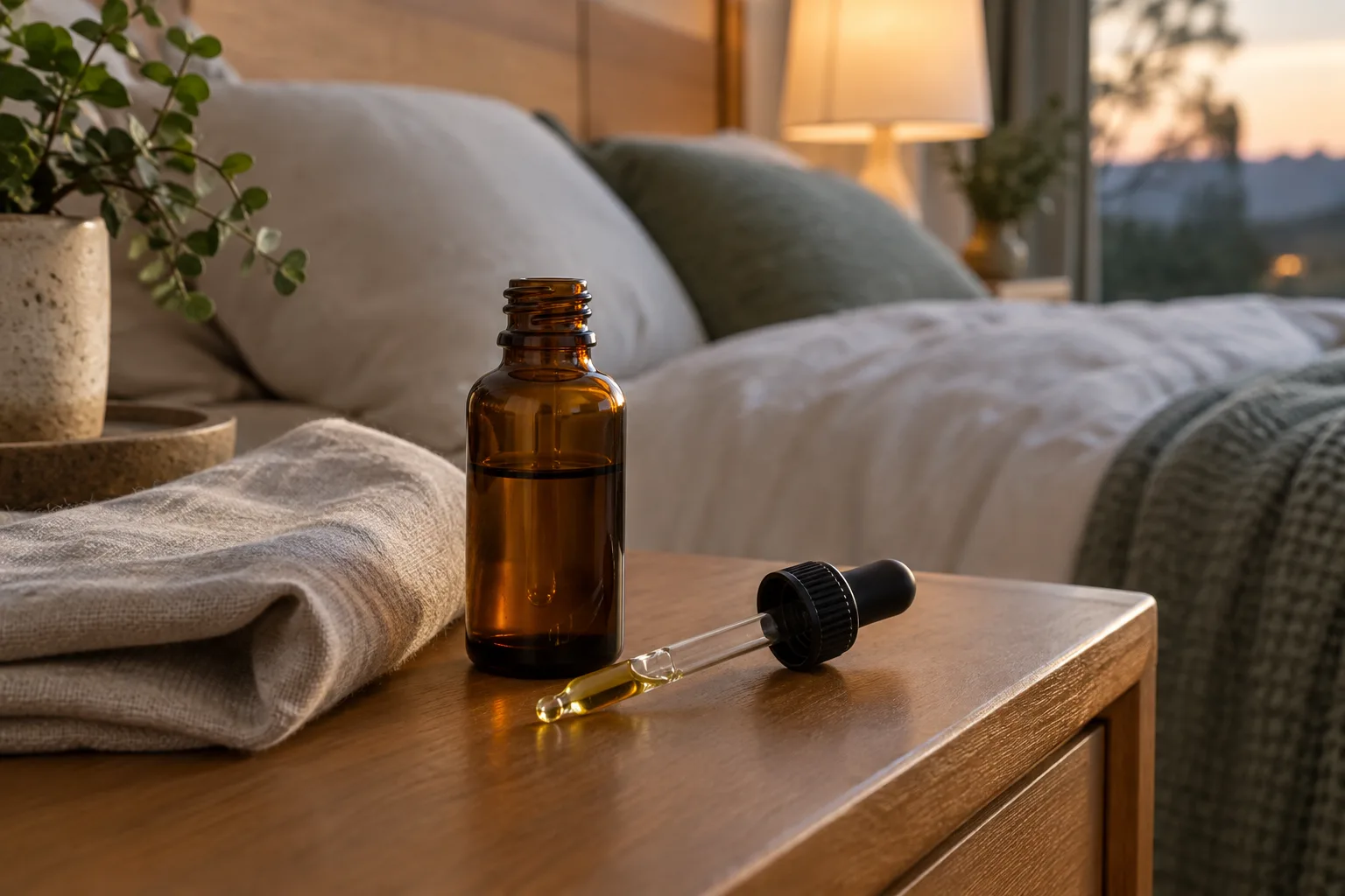 Flacon ambré et pipette posés sur une table de chevet dans une chambre à la lumière douce.