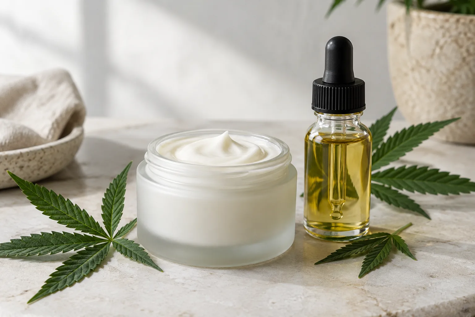 Pot de soin cosmétique non marqué accompagné d’un flacon compte-gouttes et de feuilles de chanvre.