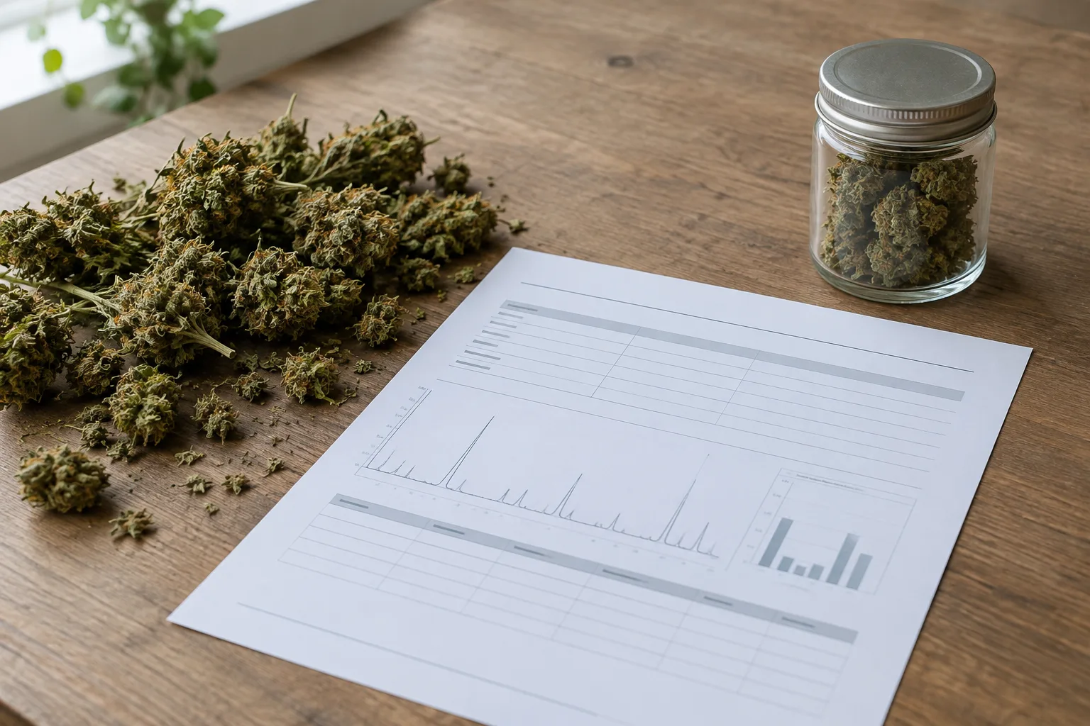 Fleurs de chanvre séchées près d’un bocal et d’une fiche d’analyse sans marque.