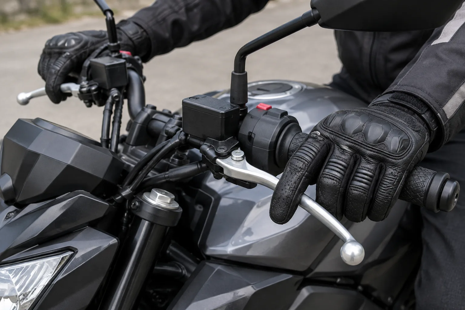 Des mains gantées testent la prise sur les poignées et l’accès aux leviers d’une moto.