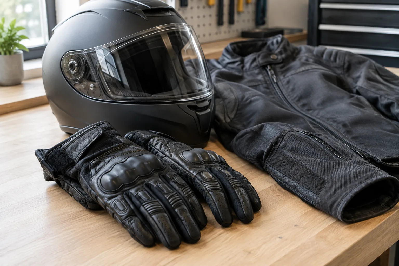 Paire de gants de moto posée à côté d’un casque et d’une veste.