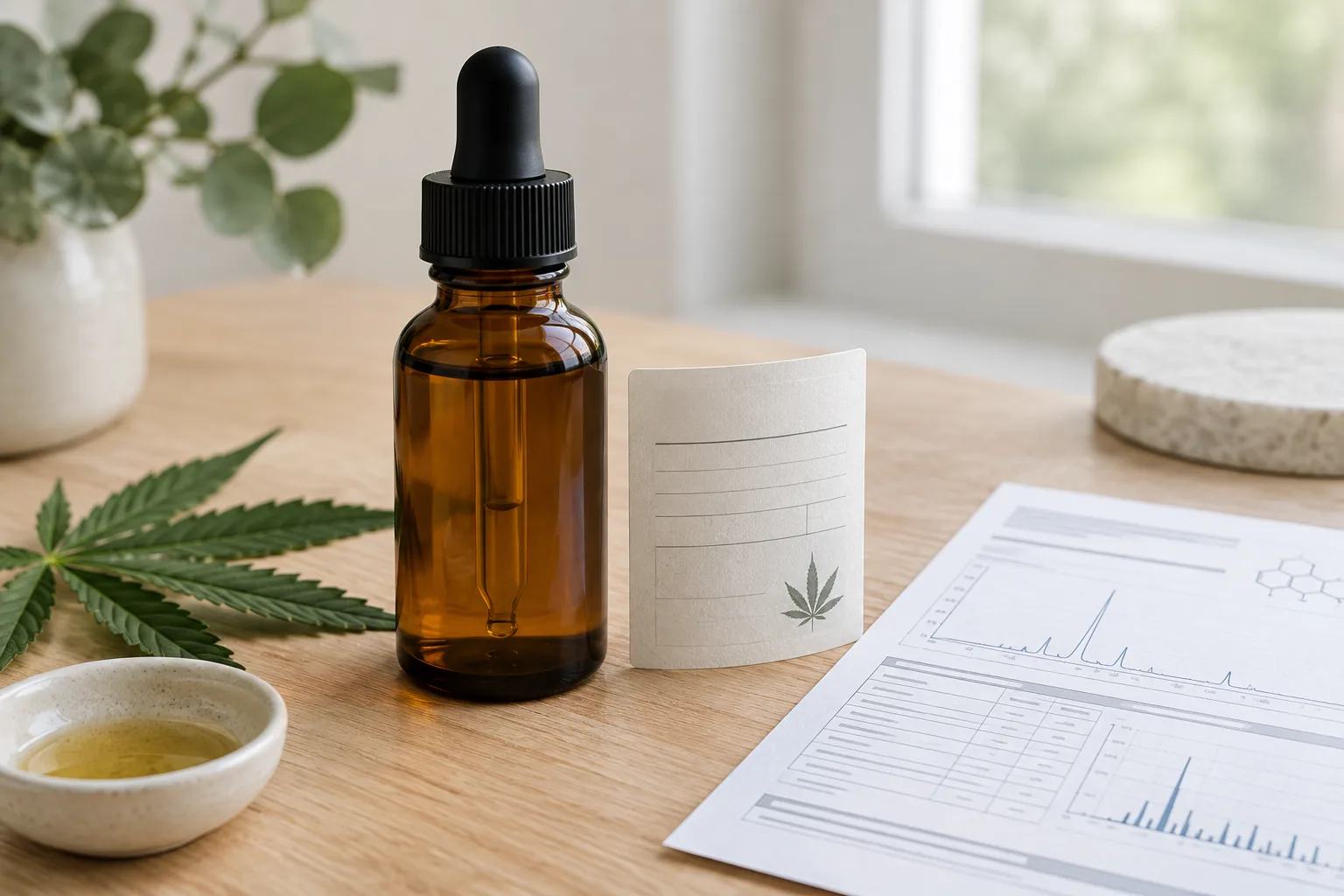 Flacon ambré d’huile de CBD posé près d’une fiche d’analyse et d’une étiquette de composition.