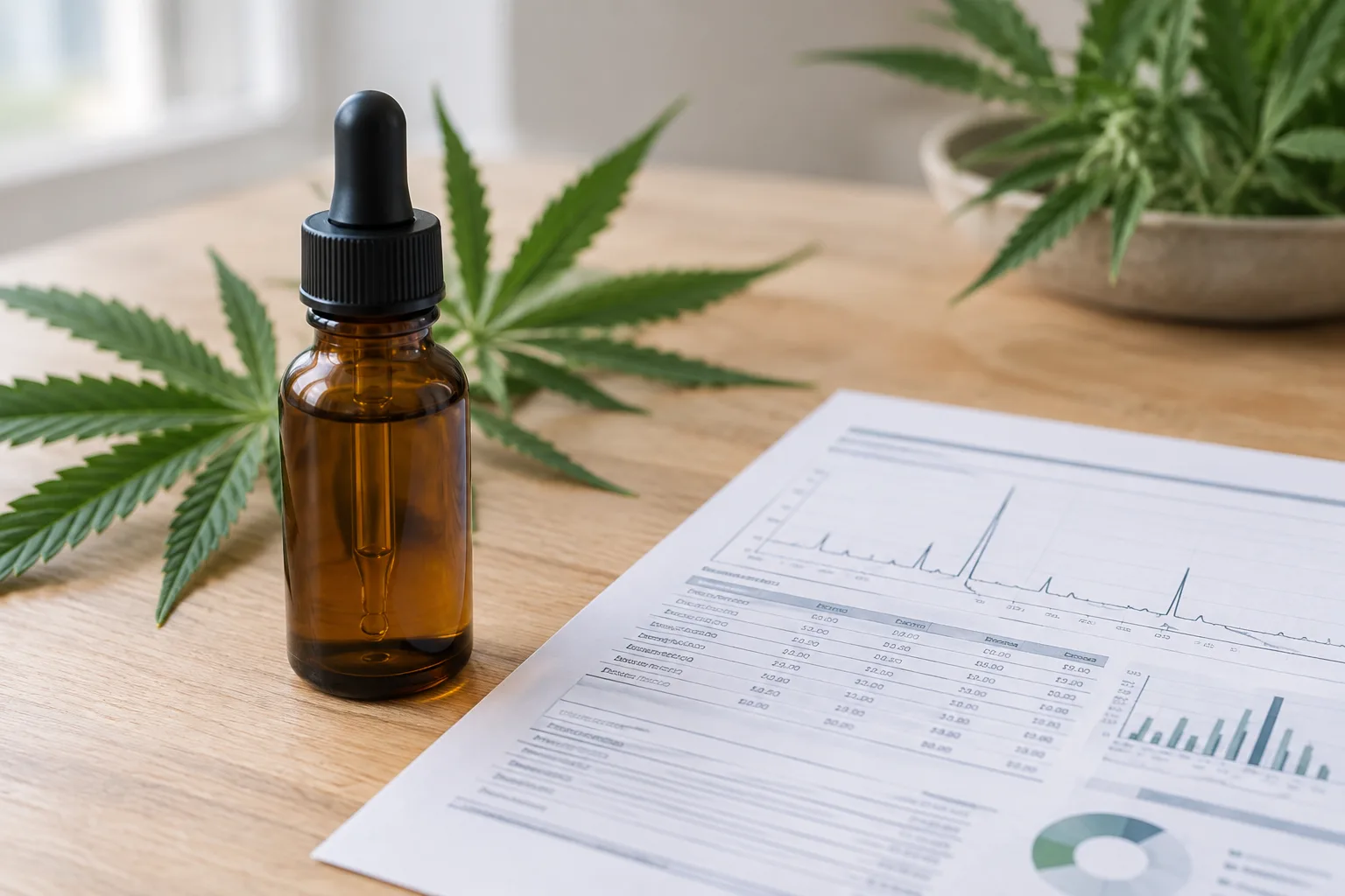 Flacon ambré d’huile de CBD posé près d’une feuille d’analyse et de feuilles de chanvre.