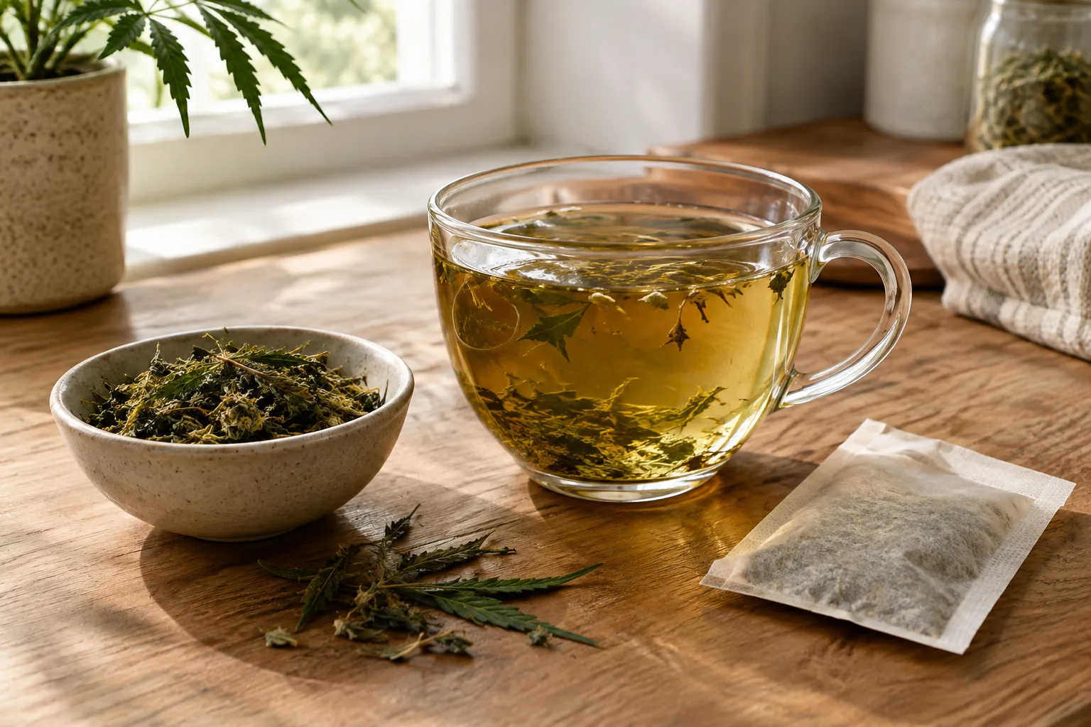 Une tasse d’infusion aux plantes accompagnée de feuilles de chanvre séchées.