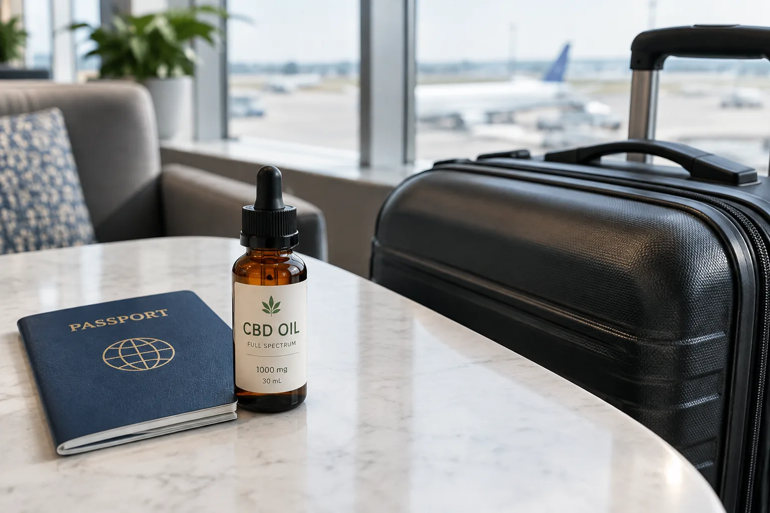 Flacon d’huile de CBD posé près d’un passeport et d’un bagage cabine dans un espace d’aéroport.